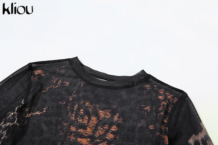 Leopard Print Mesh Mini Dress Women See Through Bodycon