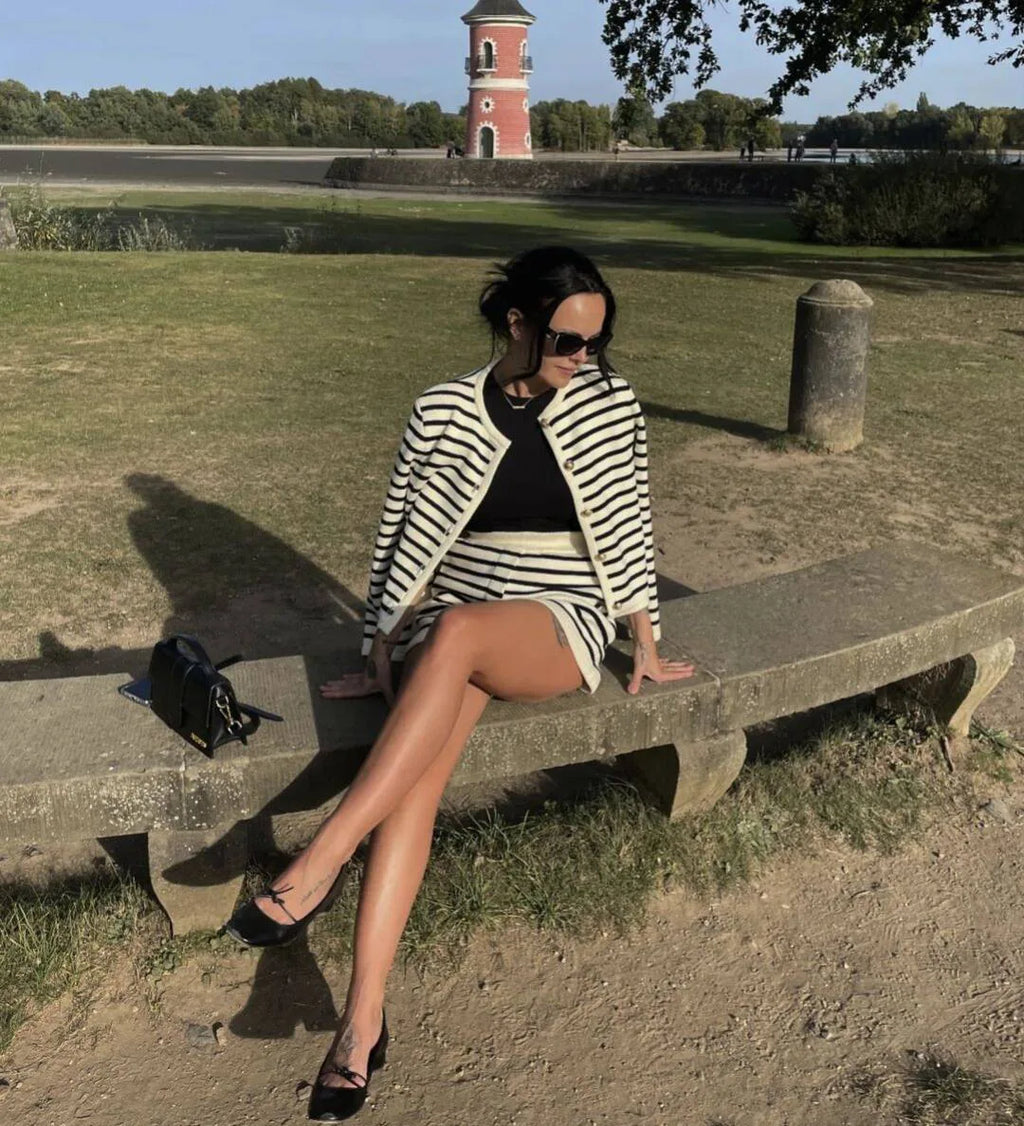 Autumn Striped Single Breasted Knit Cardigan and Shorts Two Piece Set for Women Elegant Sweater Top and Matching Bottoms Stylish Streetwear Outfit