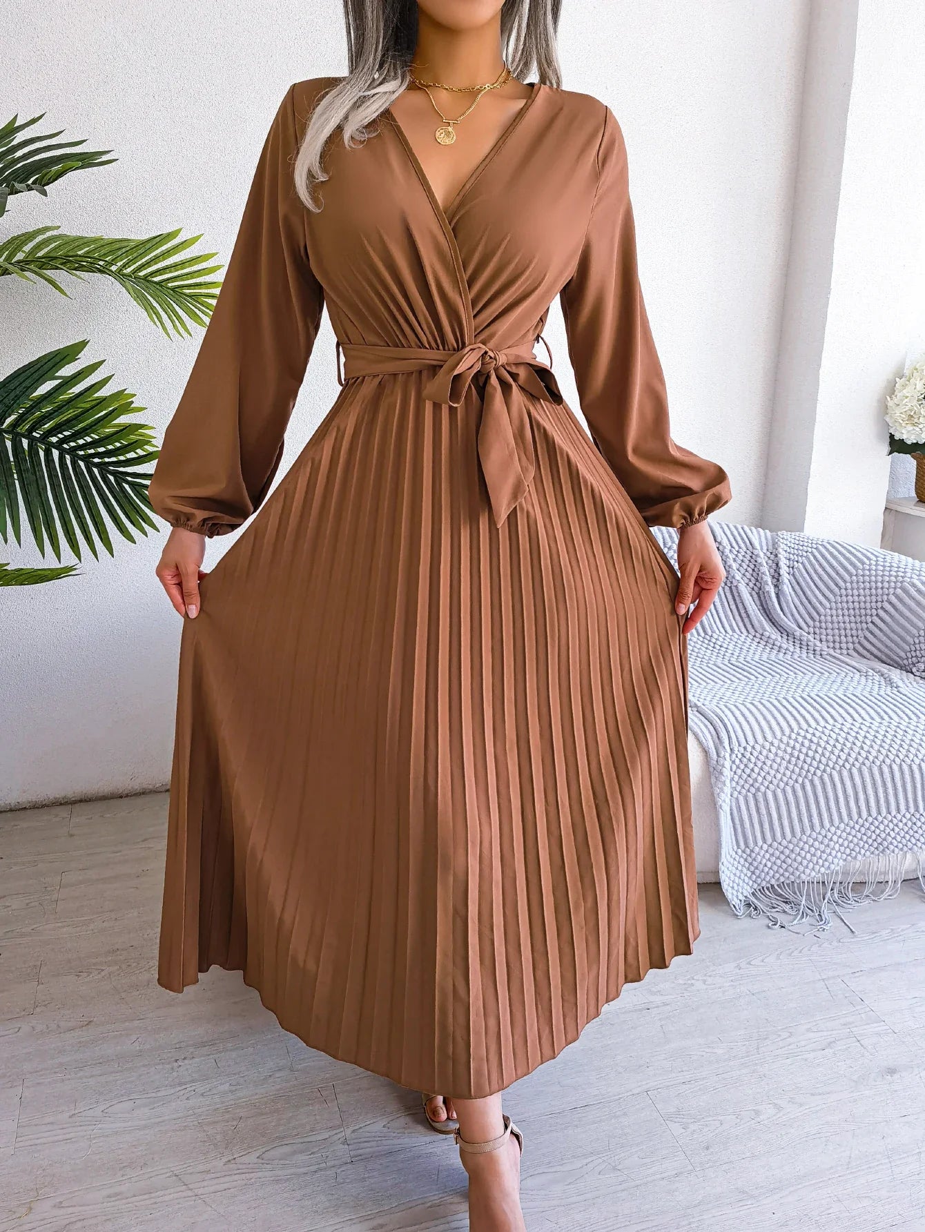 Elegant Surplice Neck Pleated Maxi Dress With Belt Flair