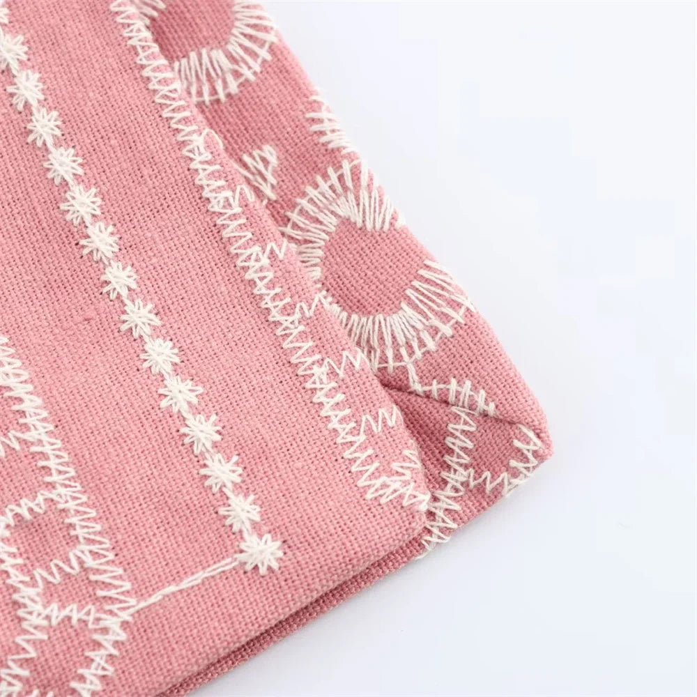 V-Neck Embroidered Kimono Style Mid-Length Windbreaker and High Waisted Straight Leg Pants Set for Women