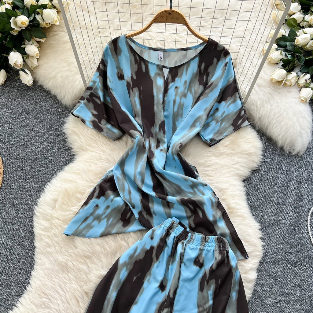 Printed Women Summer Fashion Two Piece Set with Short Sleeve Top and Wide Leg Long Pants for Casual Streetwear Outfits