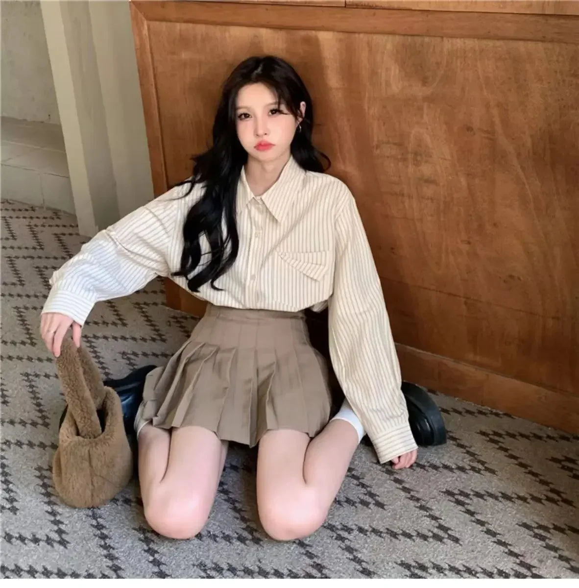 Loose Blue Striped Long Sleeve Blouse with Pocket Casual Versatile Shirt for Women