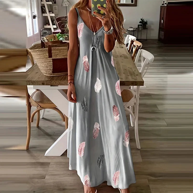 Feather Print Maxi Dress V Neck All Season Comfort Stretch
