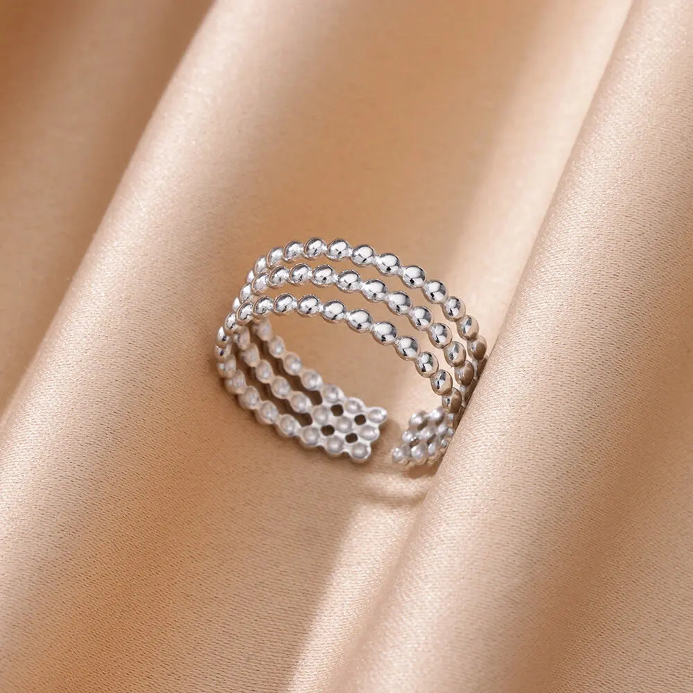 Gold Stainless Steel Beads Design Opening Ring for Women - Aesthetic Party Jewelry Gift