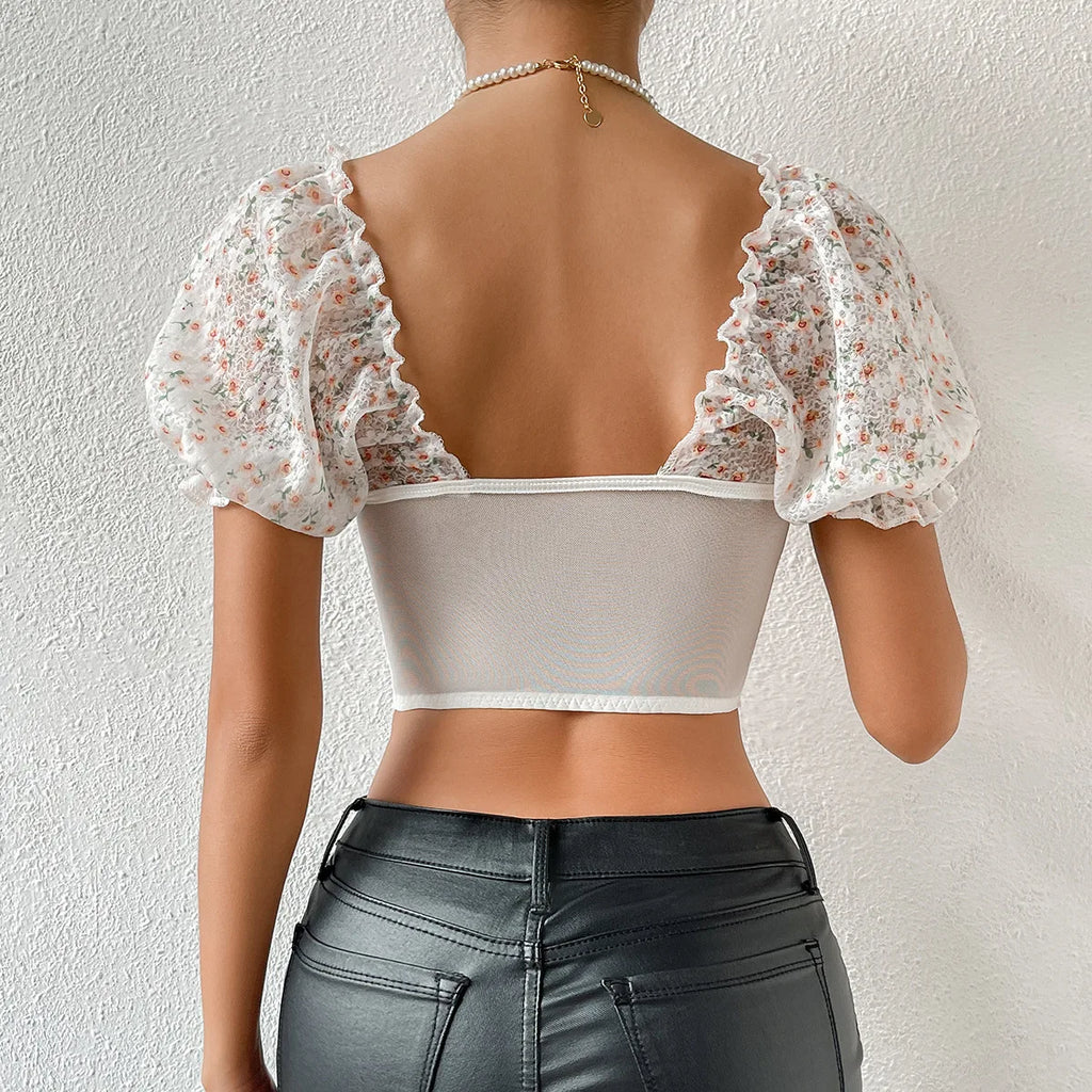 Sexy Lace Embroidered Hollow Out Short Sleeve Bodycon Blouse with Backless Design and Printed Puff Sleeves Slim Fit Crop Top