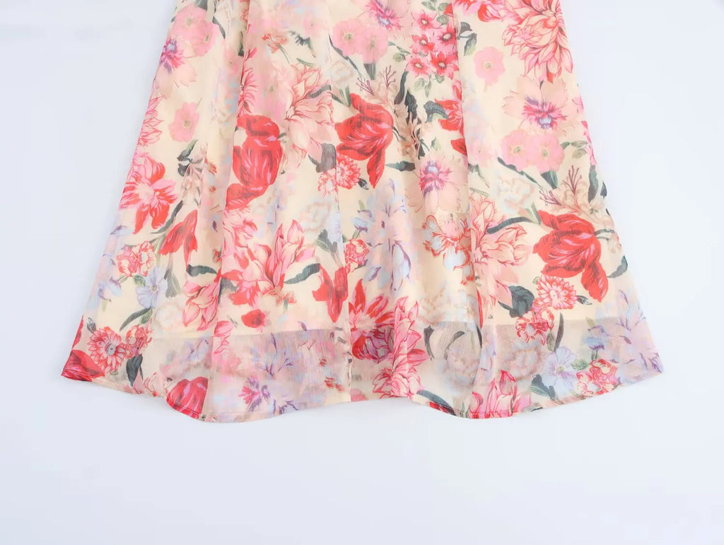 Floral Print Midi Dress With Belt Bow Collar Long Sleeve