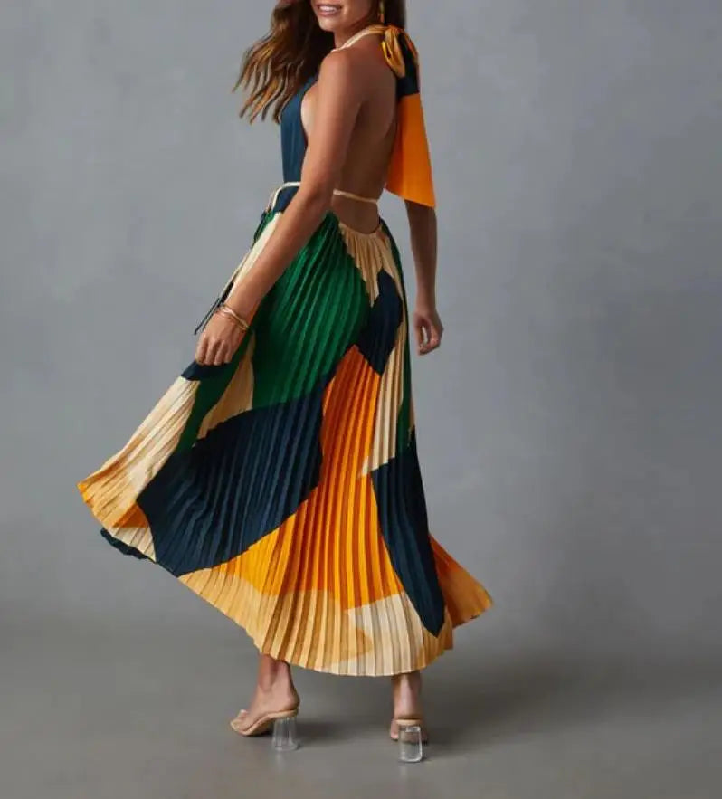 Elegant Backless Pleated Printed Dress For Summer Women
