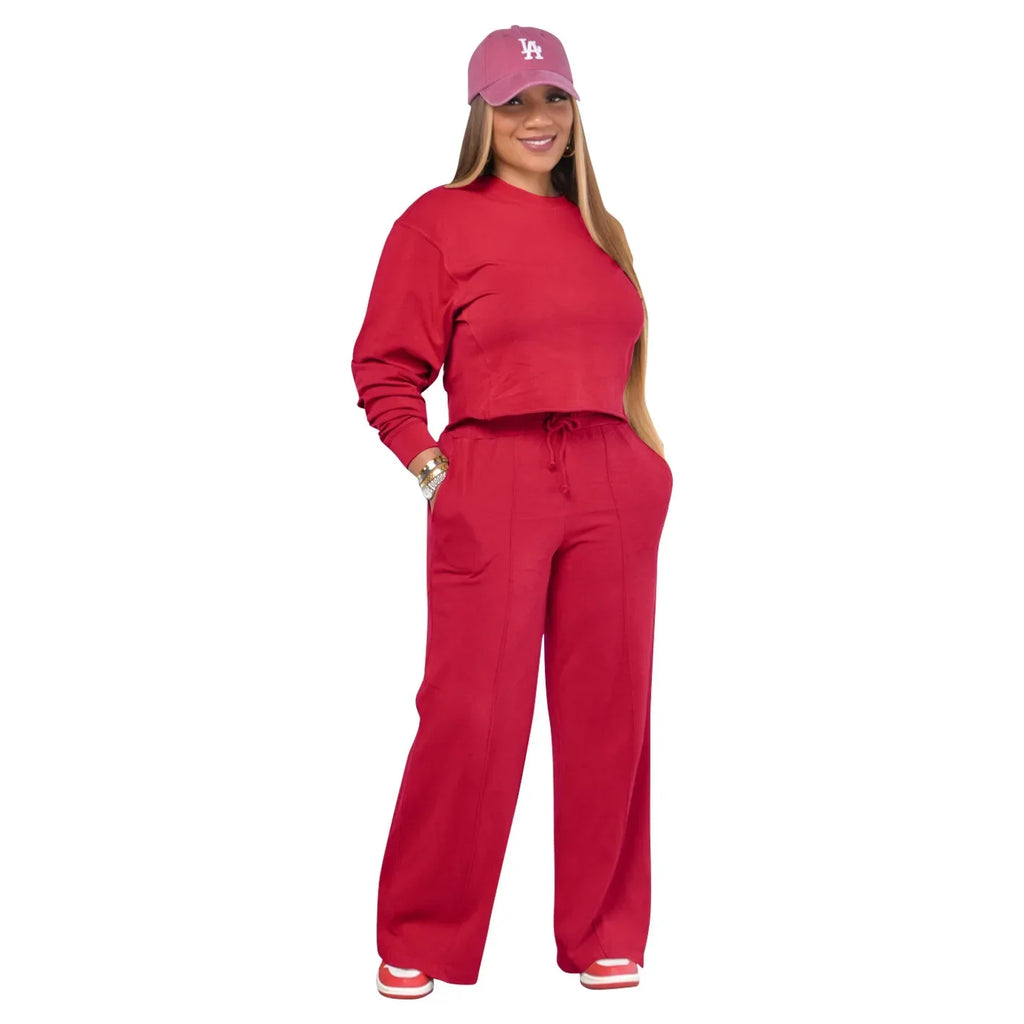 Women Winter Tracksuit Set Pullover Top and Pants 2 Piece Casual Outfit Thicken Warm Solid Color Suit