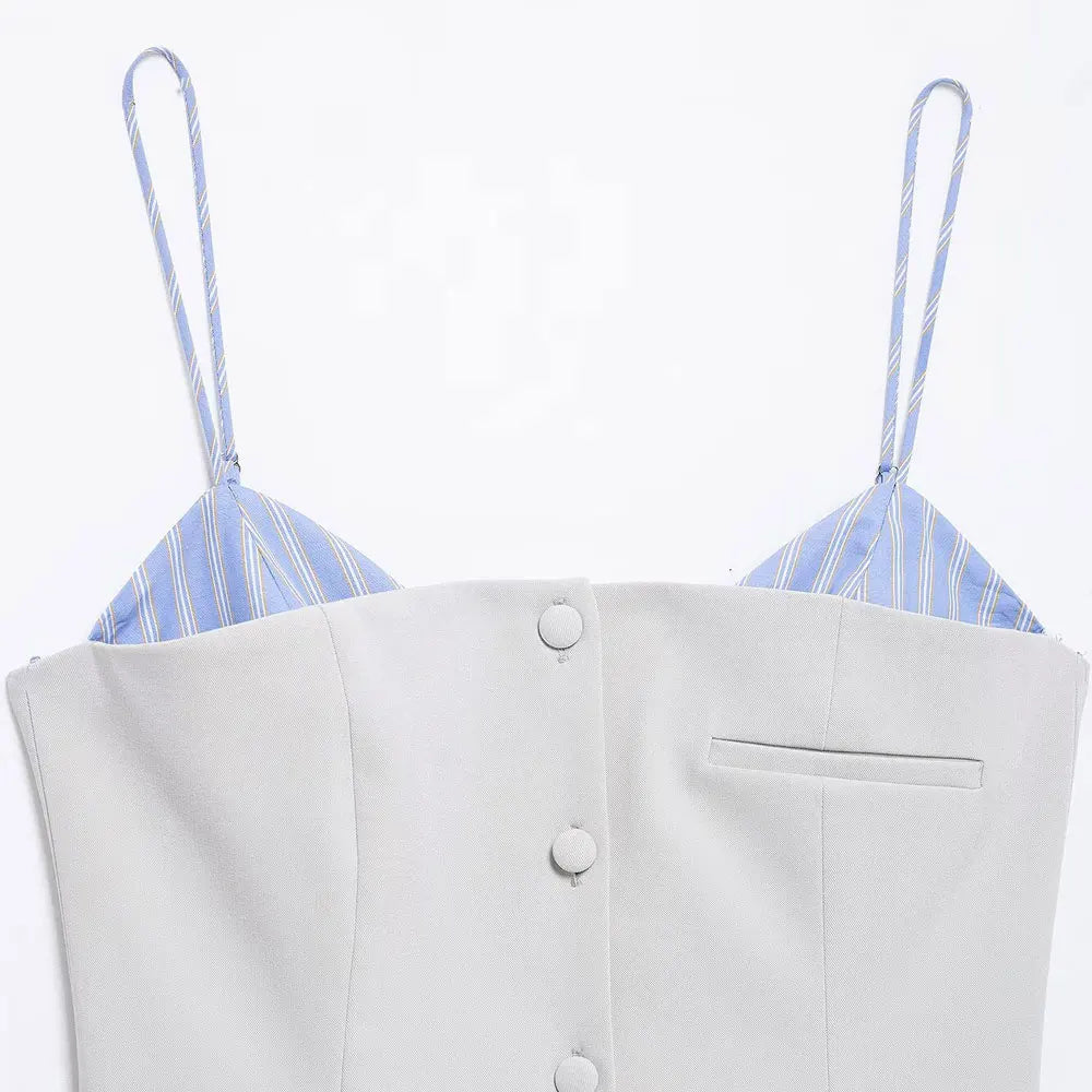 Patchwork Mini Dress With Adjustable Straps Front Buttons