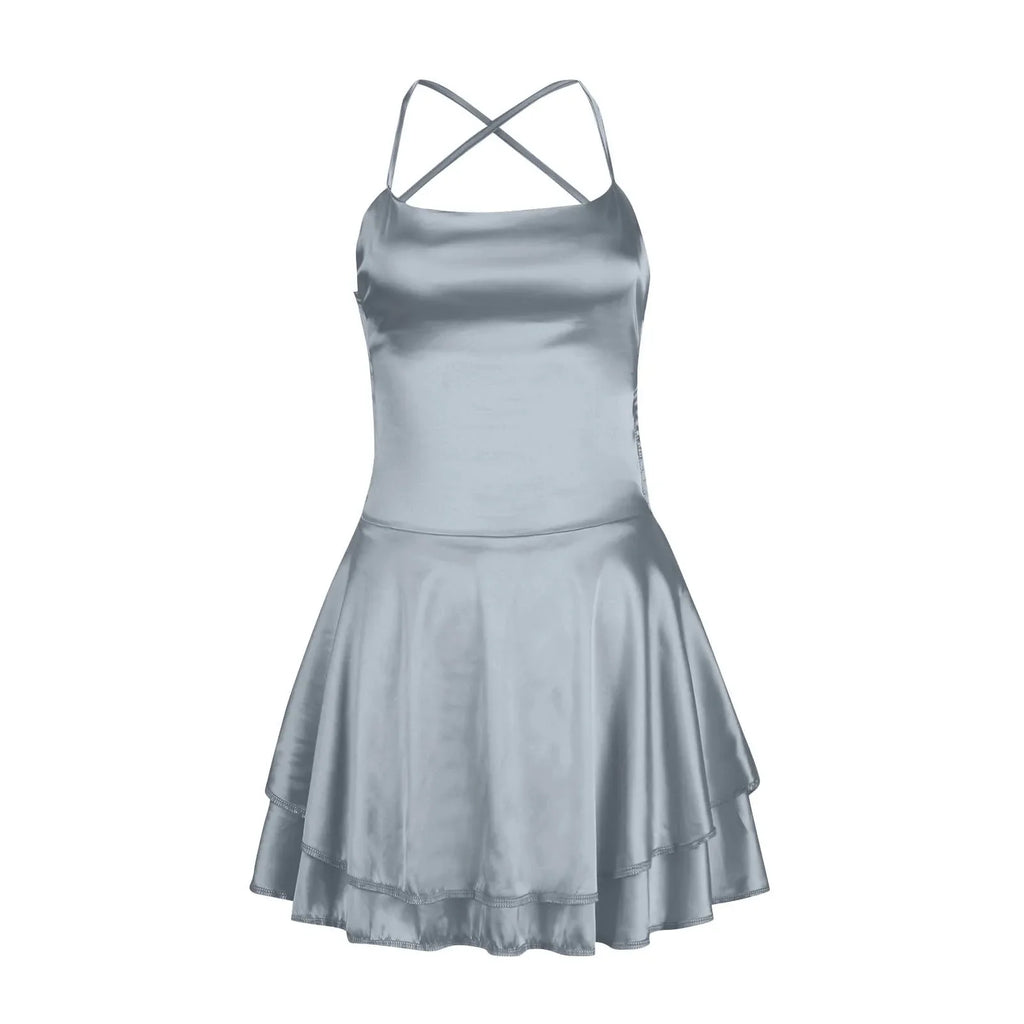 Backless Satin Party Dress With Cowl Neck Spaghetti Straps