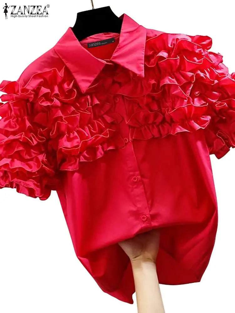 Women's Ruffle Trim Short Sleeve Blouse with Turn-Down Collar Casual Button-Up Solid Color Shirt