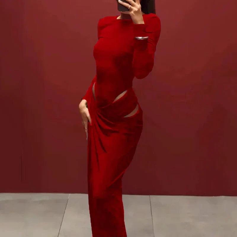 Long Sleeve Hollow Out Evening Dress With Irregular Slit