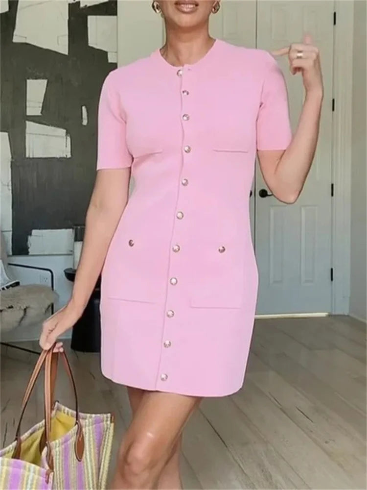 Ribbed Pocket Knit Dress For Women High Waist Mini Chic