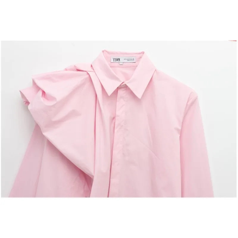 Women Poplin Shirt with Volume Shoulder Long Sleeve Pleated Cuffs Casual Cotton Blouse for Spring Party and Everyday Wear