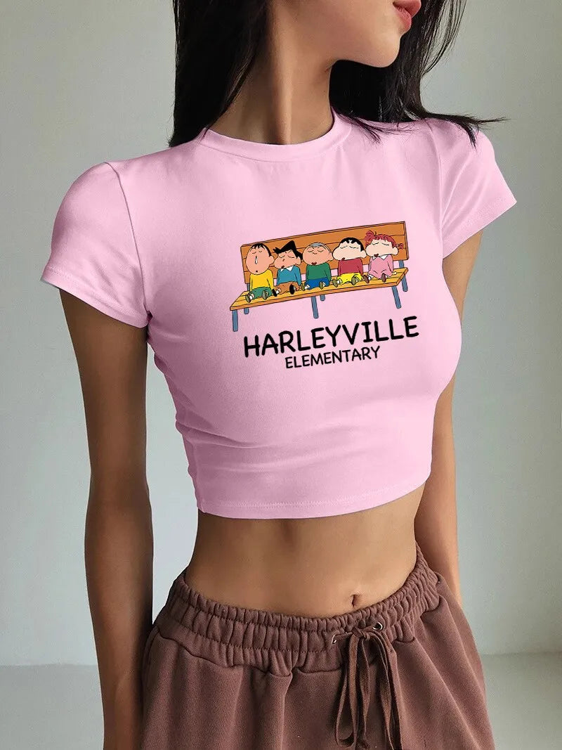 Crayon Shin Chan Summer Crop Top Tight Fitting O-Neck T-Shirt for Casual Wear