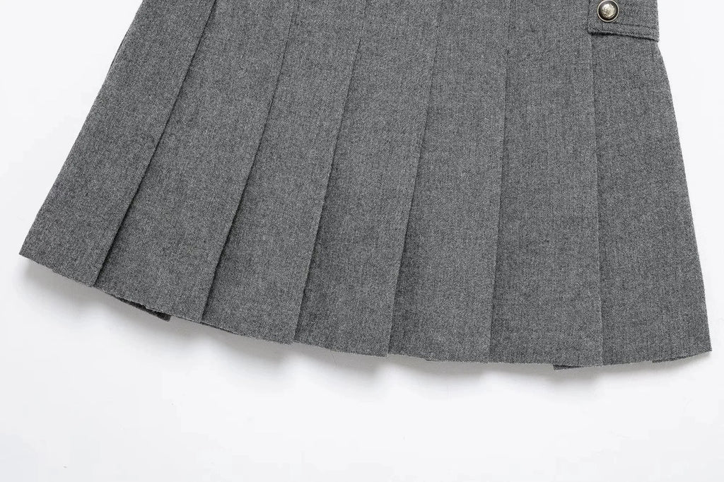 Double Breasted Epaulet O Neck Jacket with Chic Sashes and Pleated Mini Skirt Women's Streetwear Suit