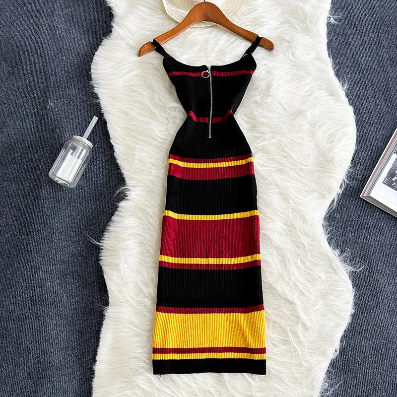 Black Zipper Knit Bodycon Dress Sleeveless Midi Party Dress