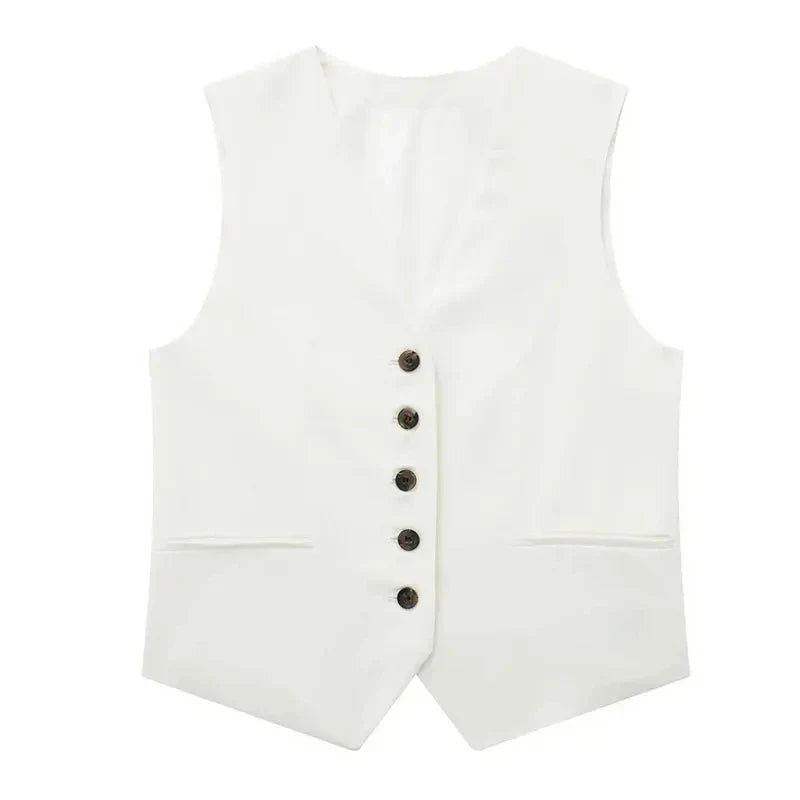 Casual Linen Sleeveless V-Neck Vest for Women Single Breasted Office Fashion Lightweight Linen Top