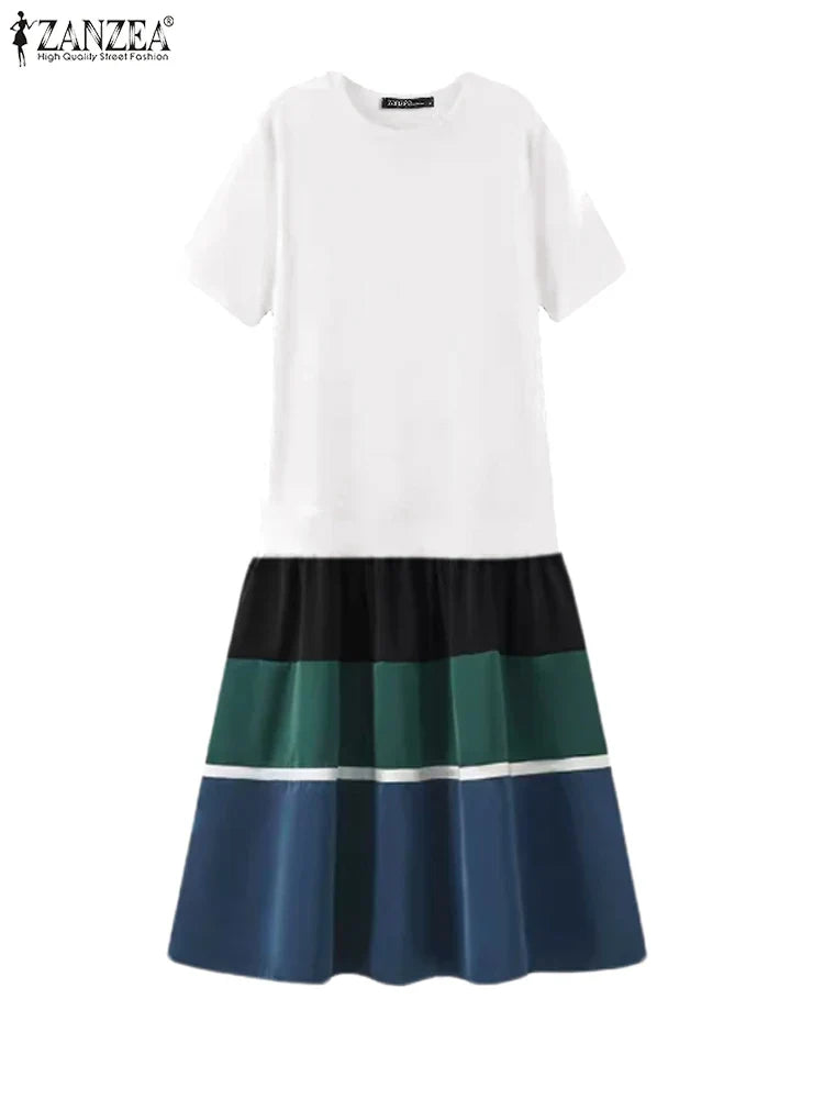 Summer O Neck Sundress With Contrast Patchwork Short Sleeve
