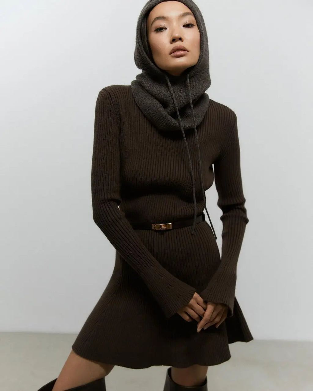 Elegant Women High Neck Knit Dress With Long Sleeve