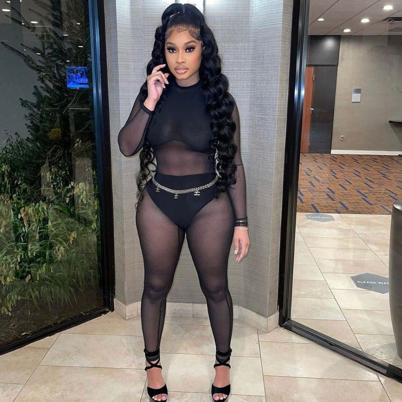 Sexy Black Transparent Mesh Jumpsuit for Women Elastic See-Through Bodysuit One-Piece Nightclub Outfit
