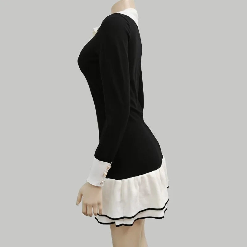 Knitted Dress With Pearl Buckle And Ruffle Edge Sleeves