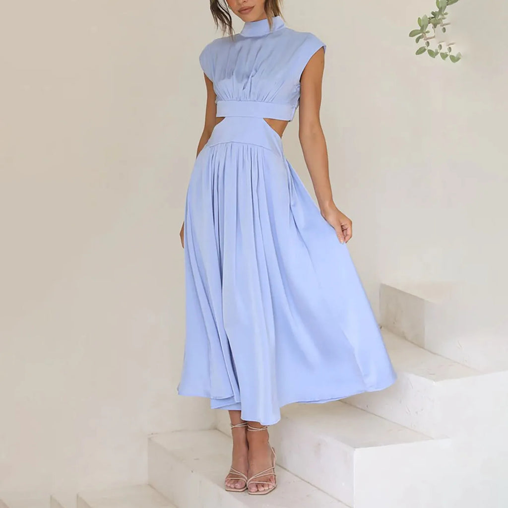 Solid Color High Waist Maxi Dress Sleeveless With Pockets