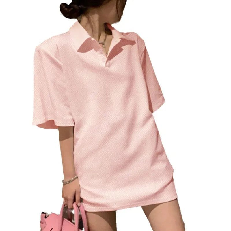 Women's Short Sleeve Polo Shirt Solid Color Loose Fit Summer Casual Large Size Trendy Korean Style Tee