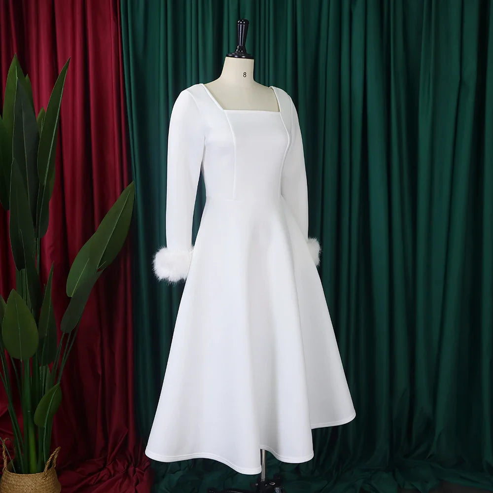 Square Neck Party Dress Women Pleated A Line Mid Calf