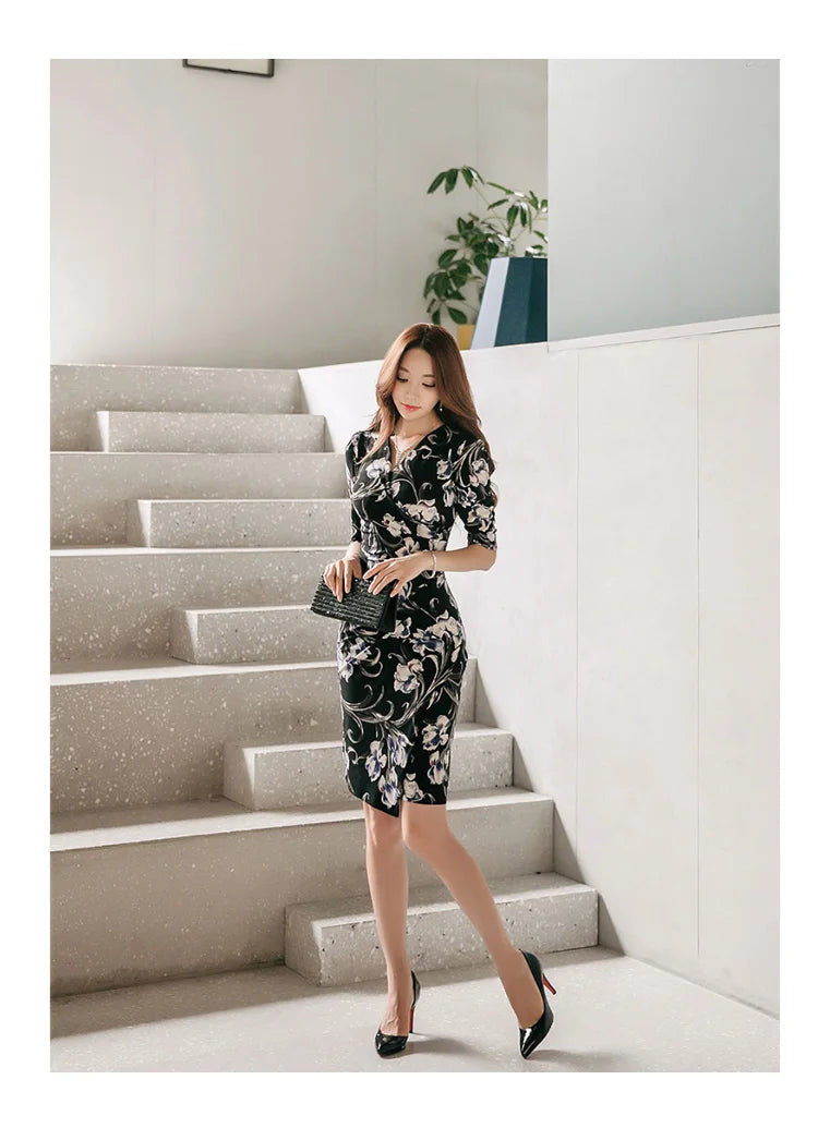 V-Neck Pencil Dress for Women Vintage Print Office Wear