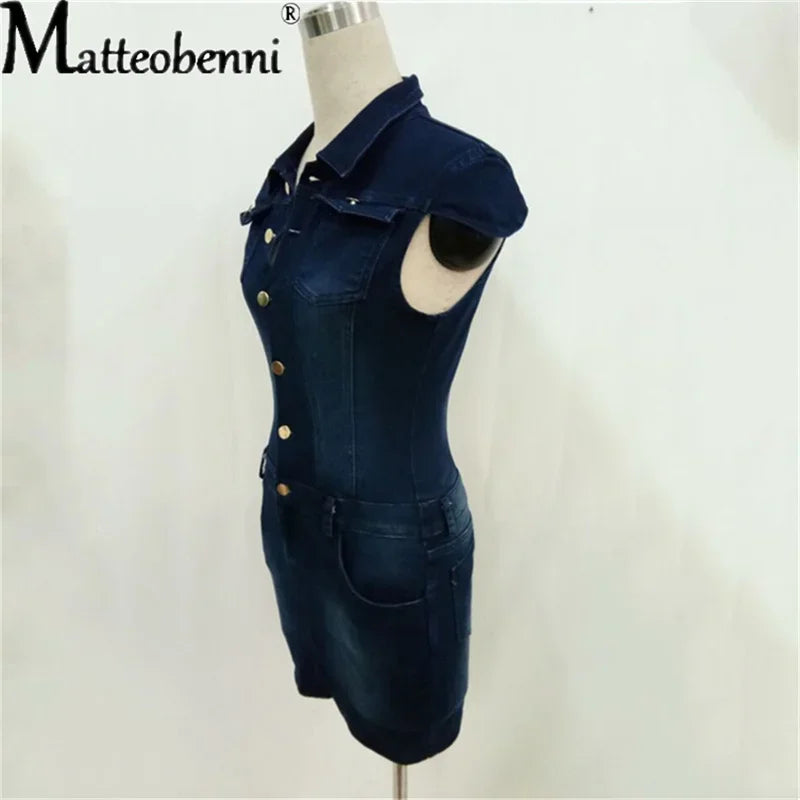 Denim Mini Dress For Women Short Sleeve Turn Down Collar