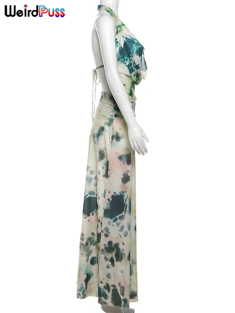 Backless Halter Bandage Tank Top and Mesh Ruffles Tie-Dye Skirt Two-Piece Summer Set for Women