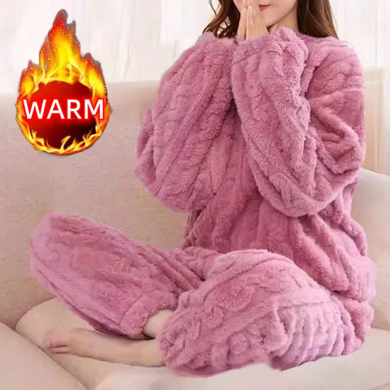 Cozy Chic Autumn Winter Pajama Set for Women Thick Fleece Long Sleeve Top and Elastic Waist Lounge Pants