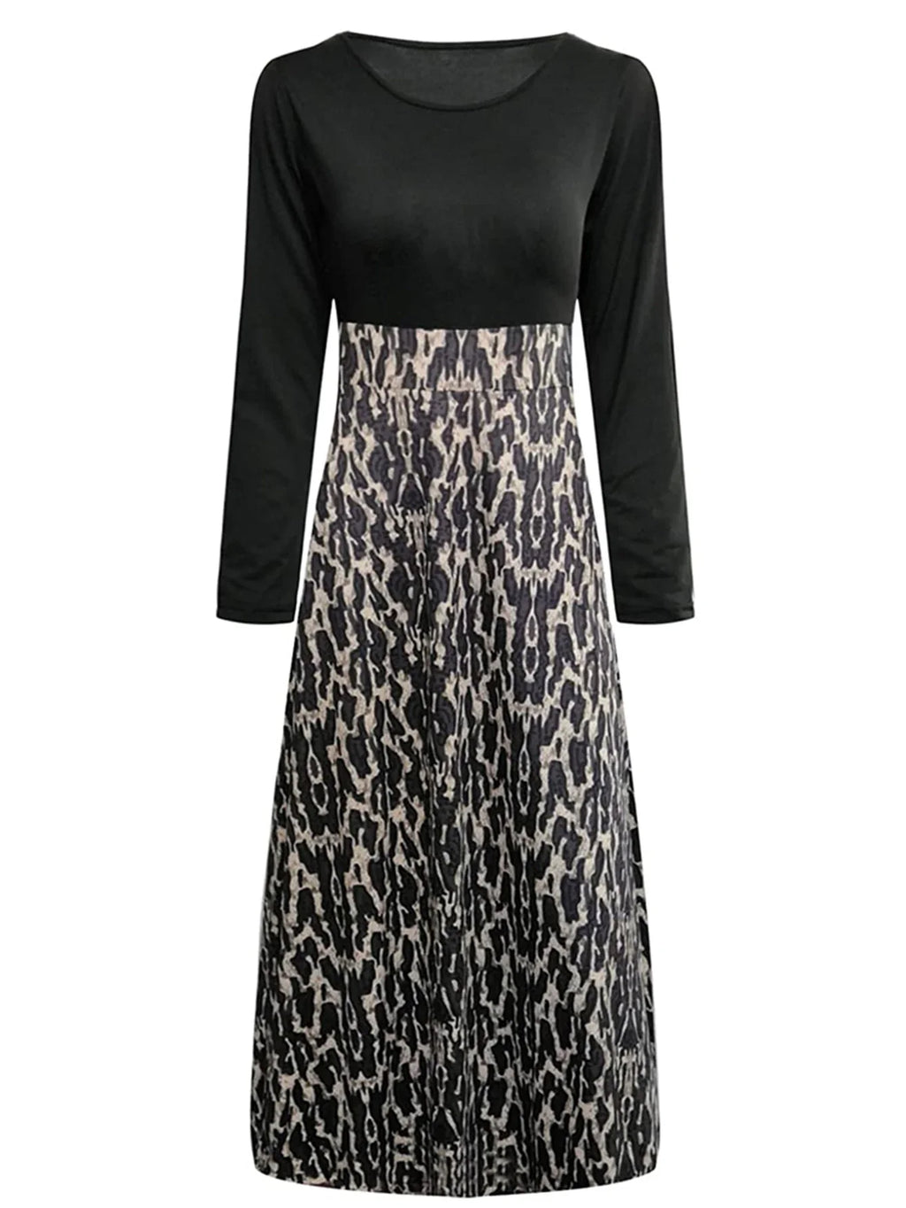 Leopard Print Crew Neck Maxi Dress With Long Sleeves