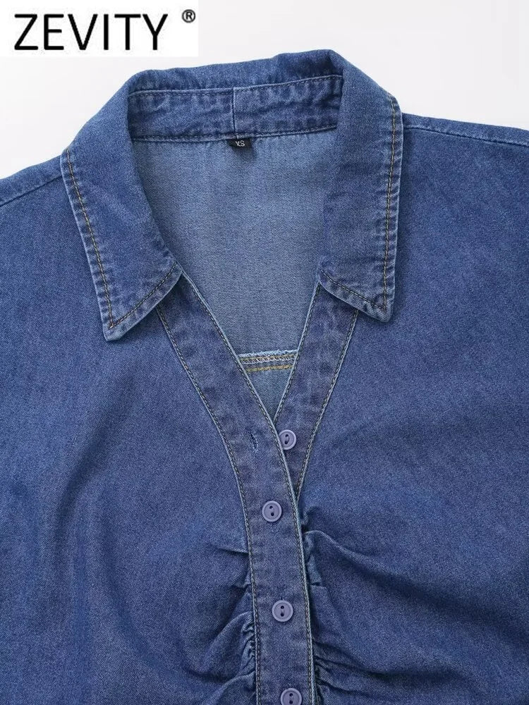 Women Sleeveless Pleated Denim Blouse Single Breasted Office Shirt Chic Casual Top