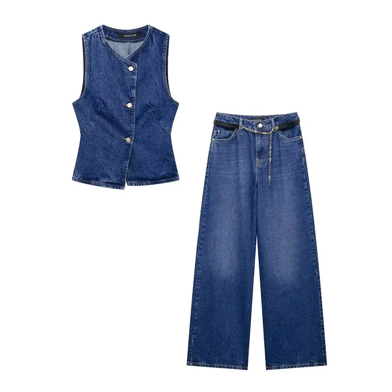 Women's Fashion Denim Blue V-Neck Tank Top and Vintage Straight Leg Pants Two Piece Set