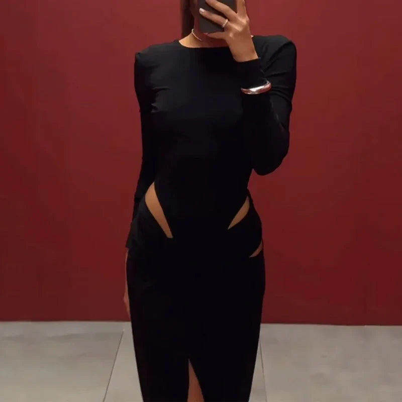 Long Sleeve Hollow Out Evening Dress With Irregular Slit