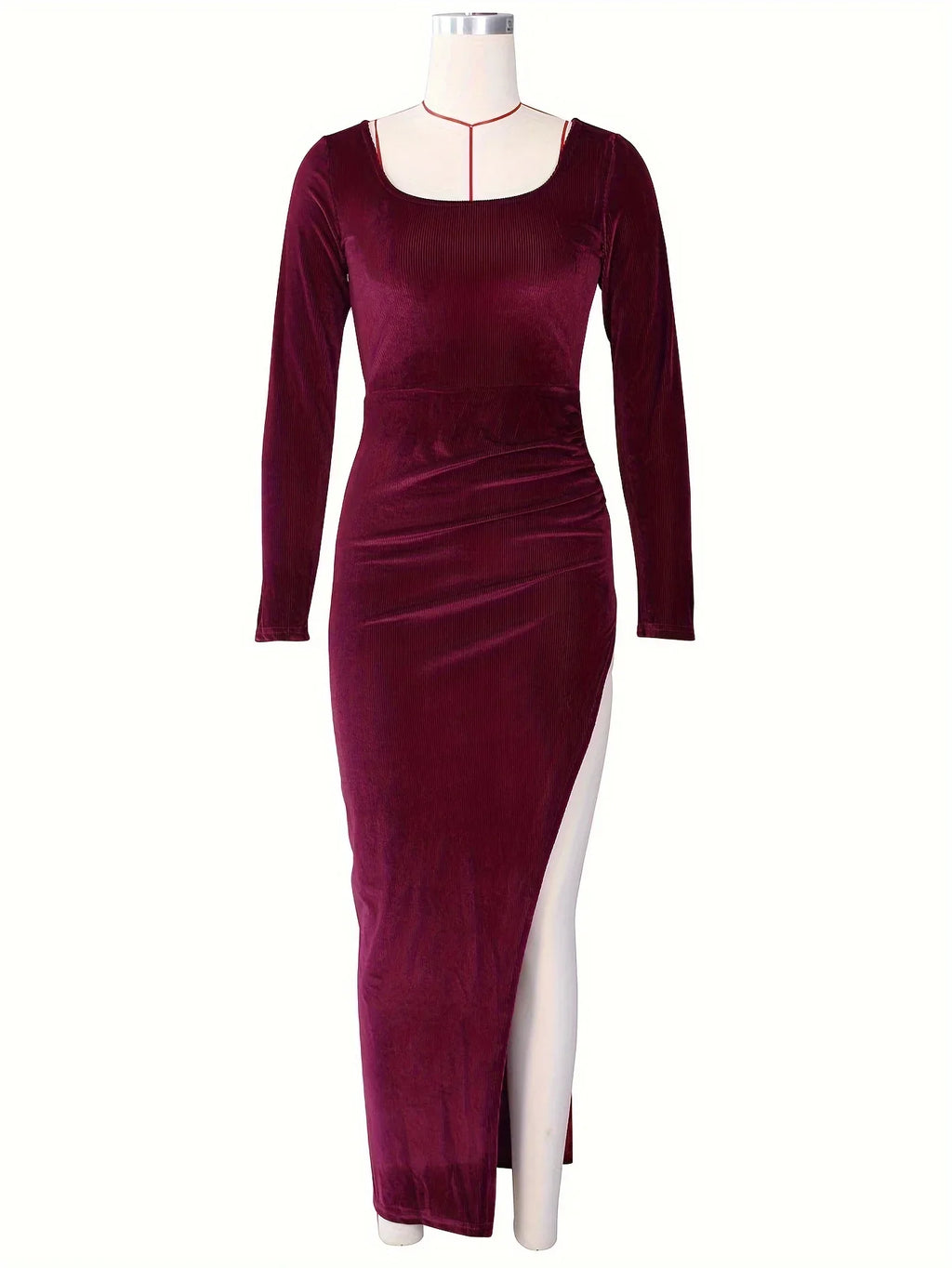 Velvet Long Sleeve Maxi Dress With Split For Wedding Guest