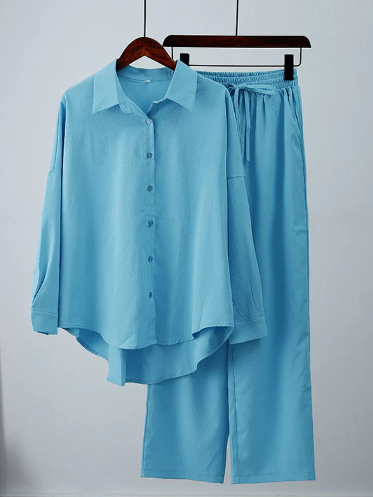 Summer Casual Outfits for Women Loose Long Sleeve Shirt and Wide Leg Pants Two Piece Set