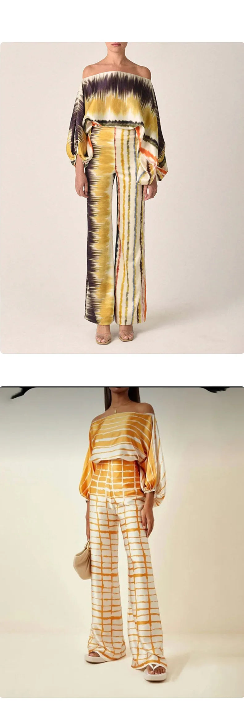 Women's Off Shoulder Satin 2-Piece Set with Lantern Sleeve Top and Wide Leg Pants for Elegant Office Wear