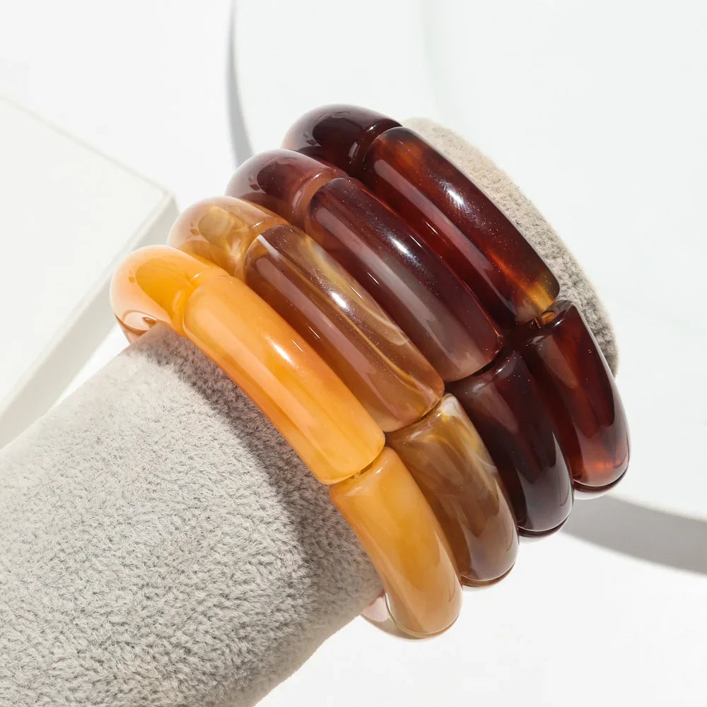 Trendy Handmade Acrylic Bamboo Bead Bracelet Set of 4 Elastic Bangles