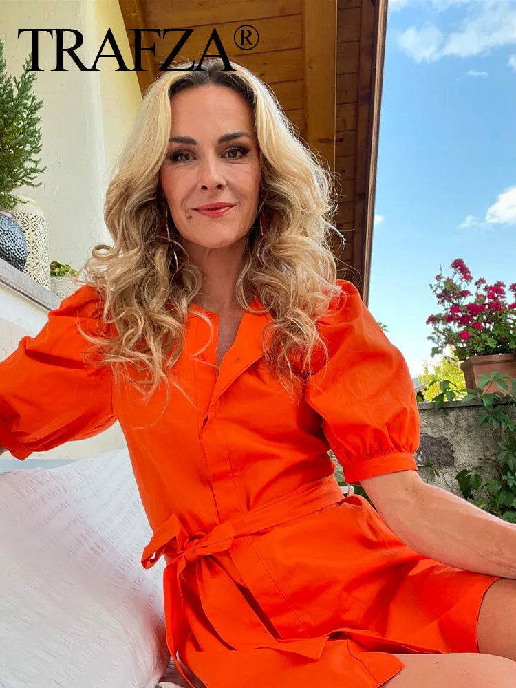 Orange Puff Sleeve Mini Dress With Bow Belt For Women