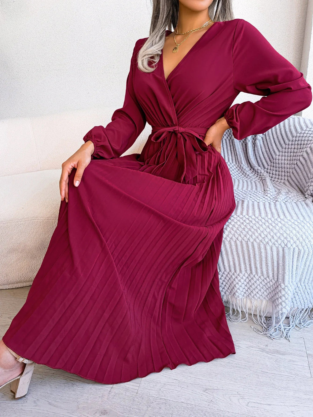 Elegant Surplice Neck Pleated Maxi Dress With Belt Flair