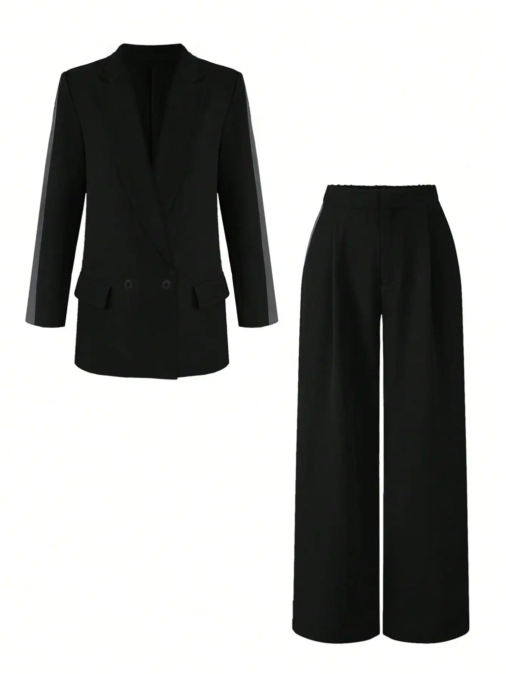 2 Piece Women's Business Suit Set with Contrast Color Blazer and Elastic Waist Straight Leg Pants for Elegant Office Style