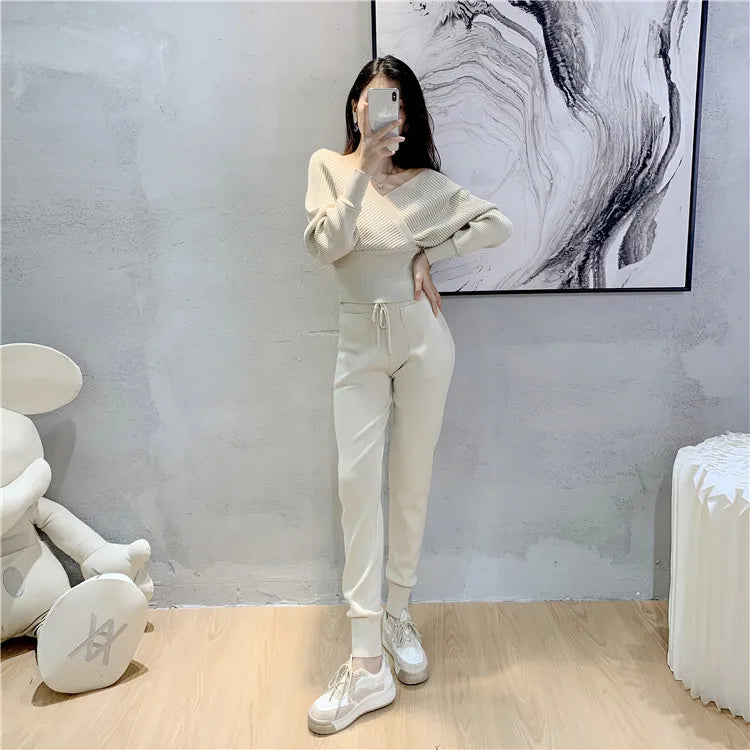 Elegant Ribbed Knitted Two Piece Tracksuit Set for Women with Backless Top and Long Harem Pants