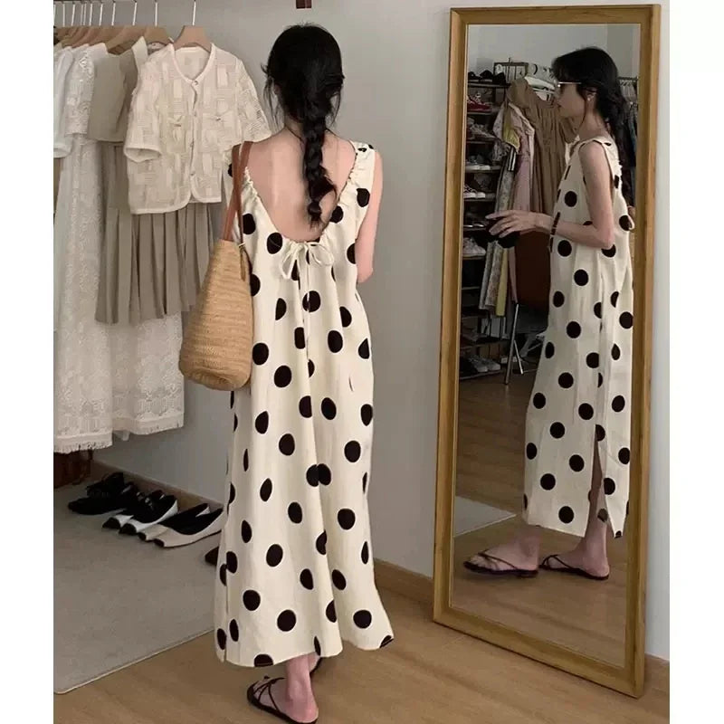 Sleeveless Maxi Dress For Women Side Slit Dot Print
