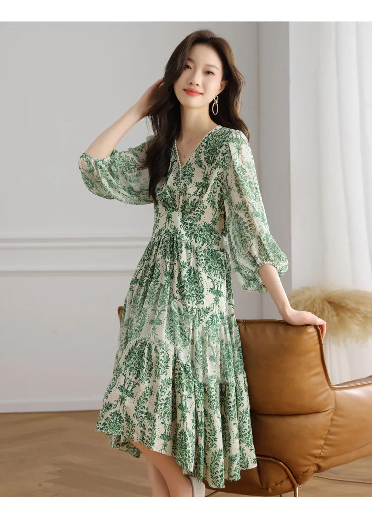 Floral Chiffon Dress For Women V Neck A Line Dress