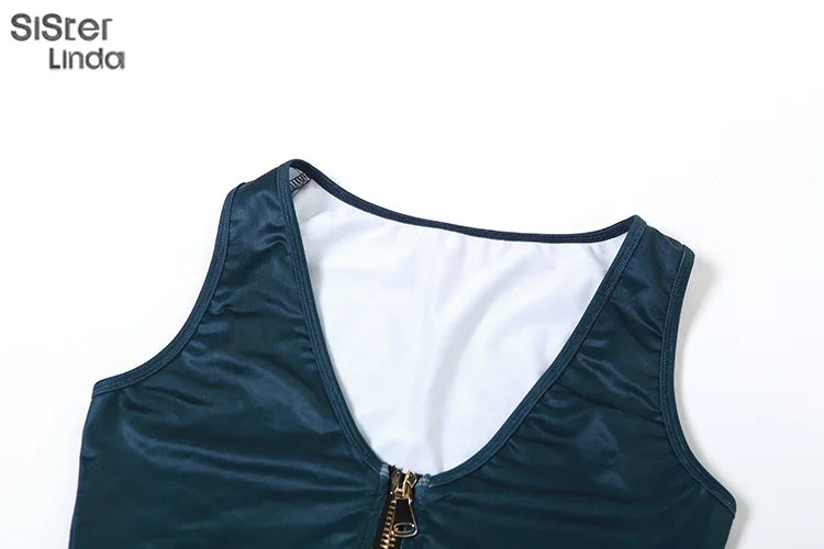 Casual Two Piece Set for Women Sleeveless Zipper Low Neck Tank Top with High Waist Hip Skirt Party Clubwear Ensemble