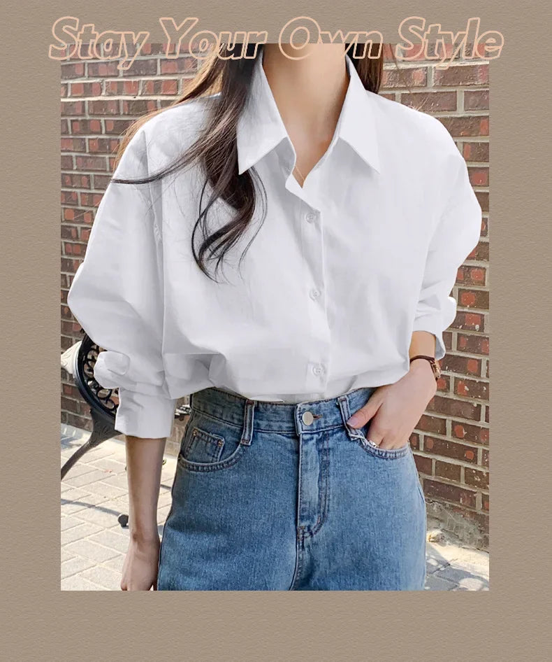 Women's Casual Loose Fit Long Sleeve Lapel Shirt 100 Percent Cotton Pure Color Versatile Layering Top for Spring and Autumn