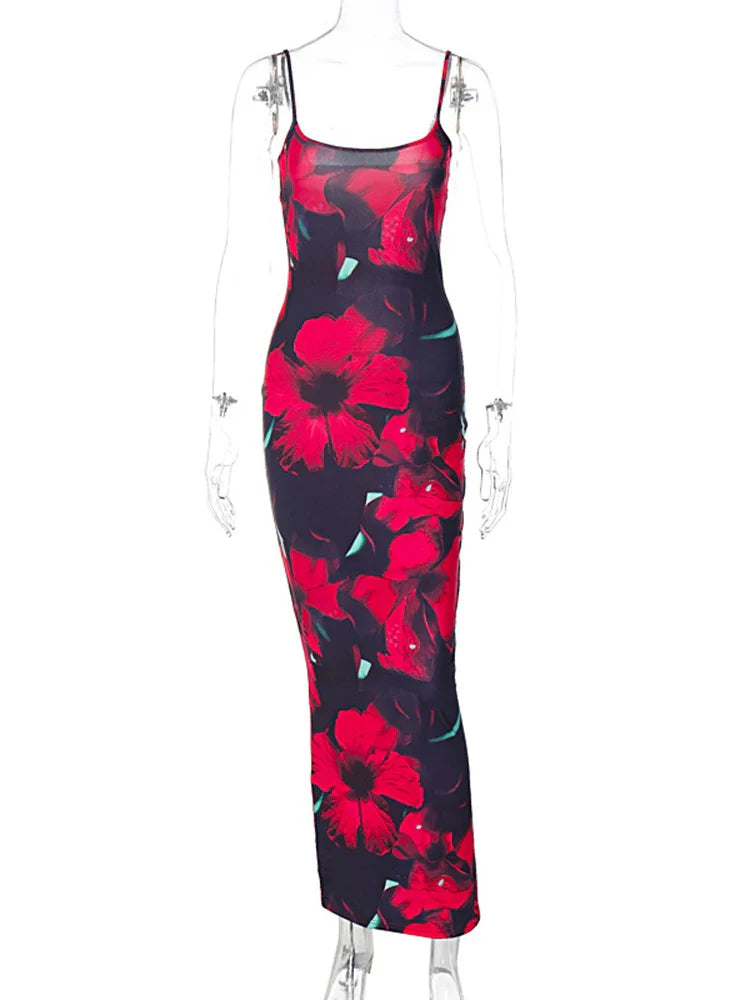 Flower Print Sleeveless Maxi Dress For Summer Women Chic